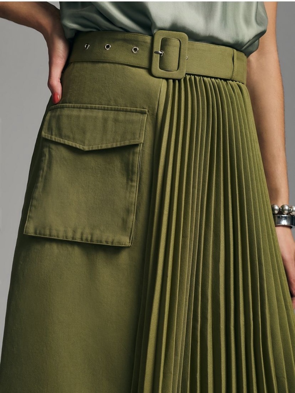 Mare Mare x Anthropologie Olive Green Pleated Utility Midi Skirt